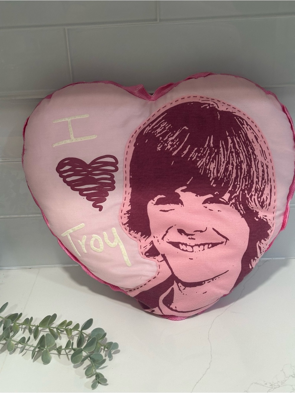 Pink Heart Pillow with Portrait and "I ♥ Troy" Text